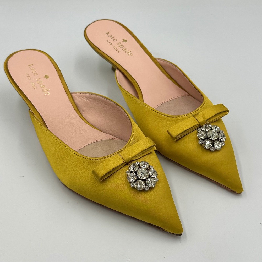 Kate Spade Darlene Mules Wmn 6.5 Roasted Maize Yellow‎ Satin New Brooch Bow READ